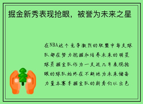 掘金新秀表现抢眼，被誉为未来之星